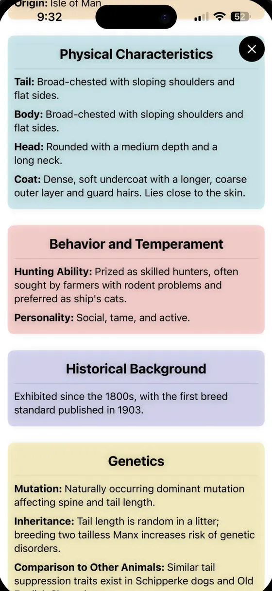 Cat Identifier detail screen with physical characteristics, behavior and temperament, historical background and genetics