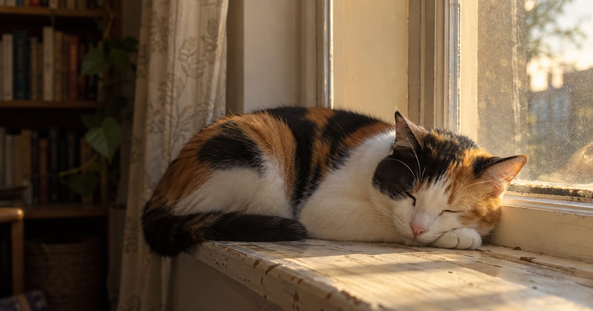 A calico cat with white, orange and black patches asleep on a sunlit windowsill